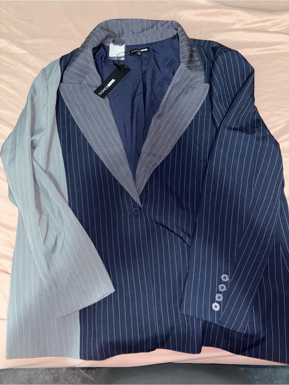Fashion Nova Two-Tone Pinstripe Blazer and skirt in Navy & Light Gray